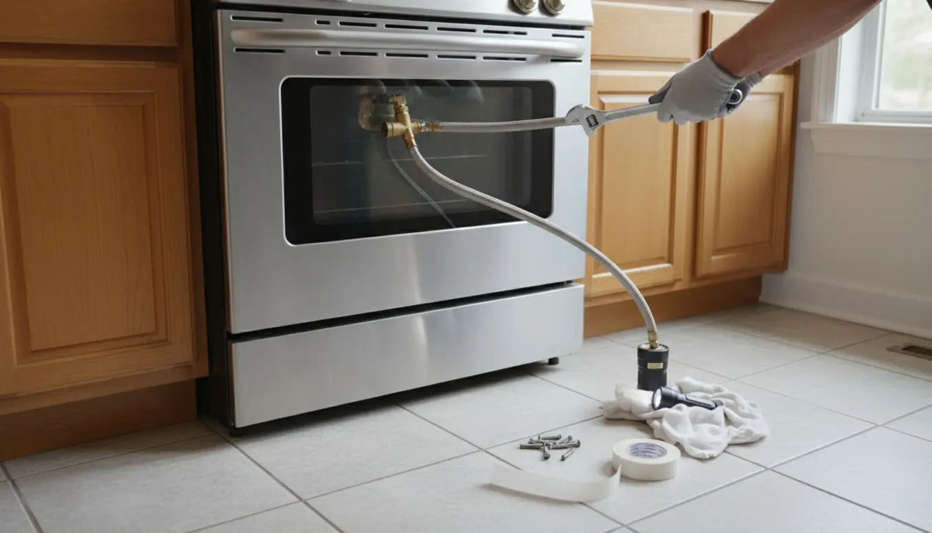 Hænder med handsker løsner en gasledning, mens et fritstående gaskomfur trækkes ud mellem to underskabe i et lyst køkken.