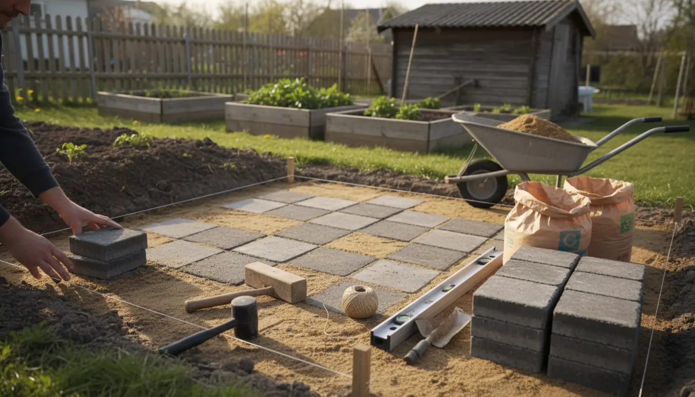 Hænder lægger 40x40 cm fliser i en udjævnet 9 m² firkant i en kolonihave med sand, rive og håndværktøj i baggrunden.