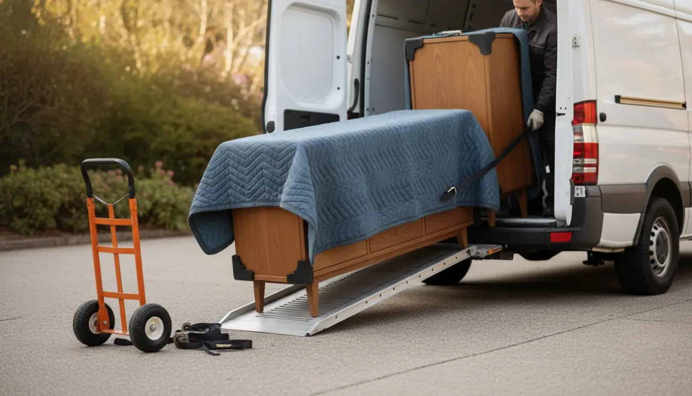 En skænk og et skab bliver læsset i en varebil på en indkørsel med flytteudstyr.