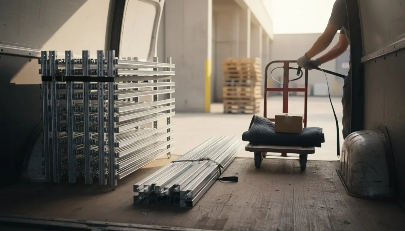 Nedtaget reolsystem med hylder og stænger stakket kompakt i bagenden af en varevogn klar til transport.