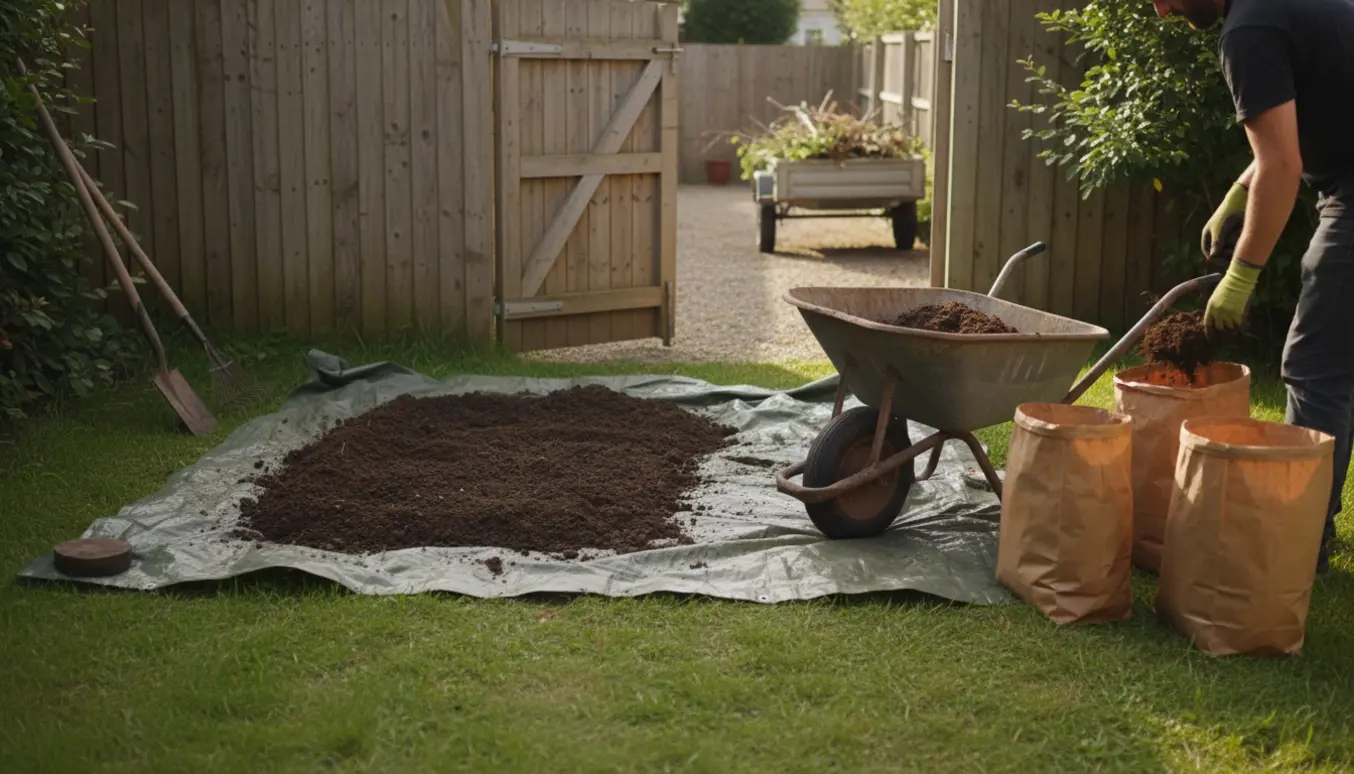 Baghave hvor jord og haveaffald ryddes væk med trillebør, skovl og poser ved en åben bagport.