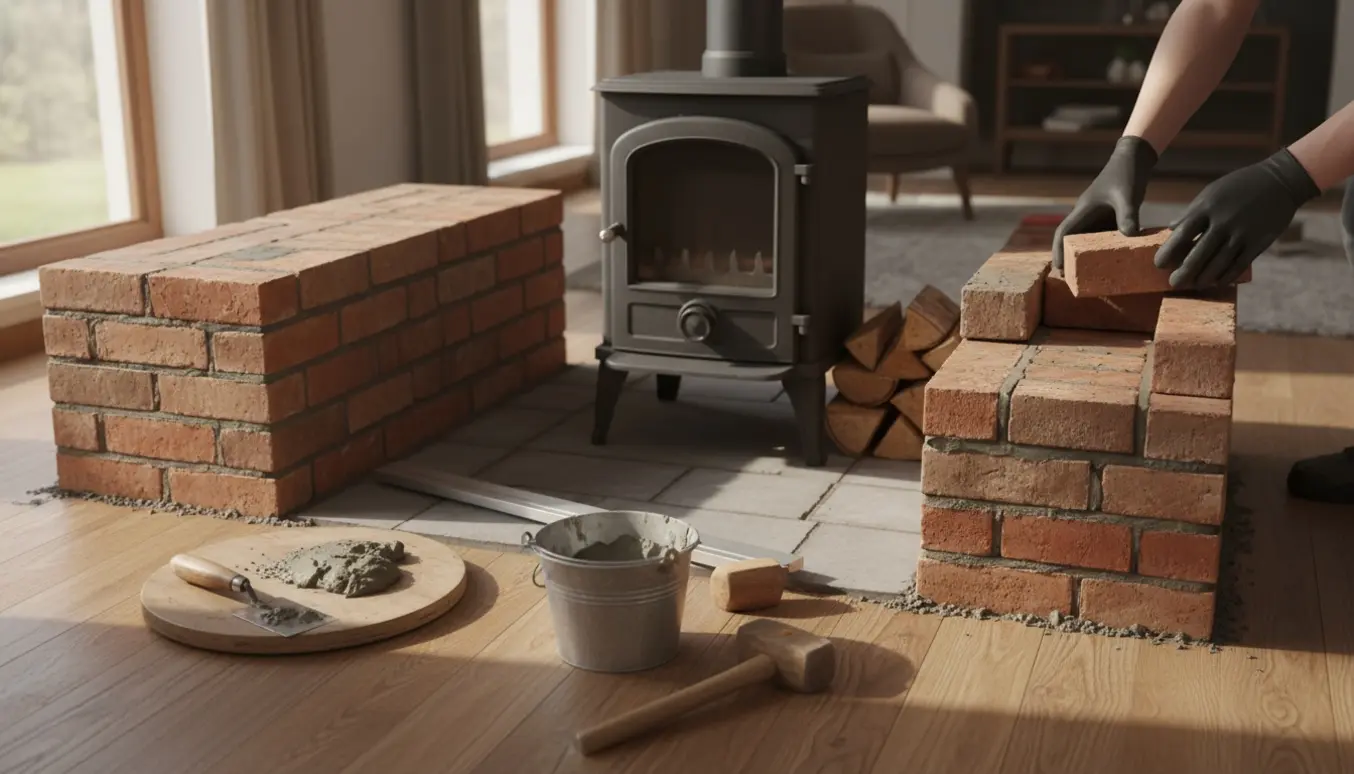 Lav muret bænk bygges rundt om en brændeovn med mursten, mørtel og værktøj i et lyst, hyggeligt rum.