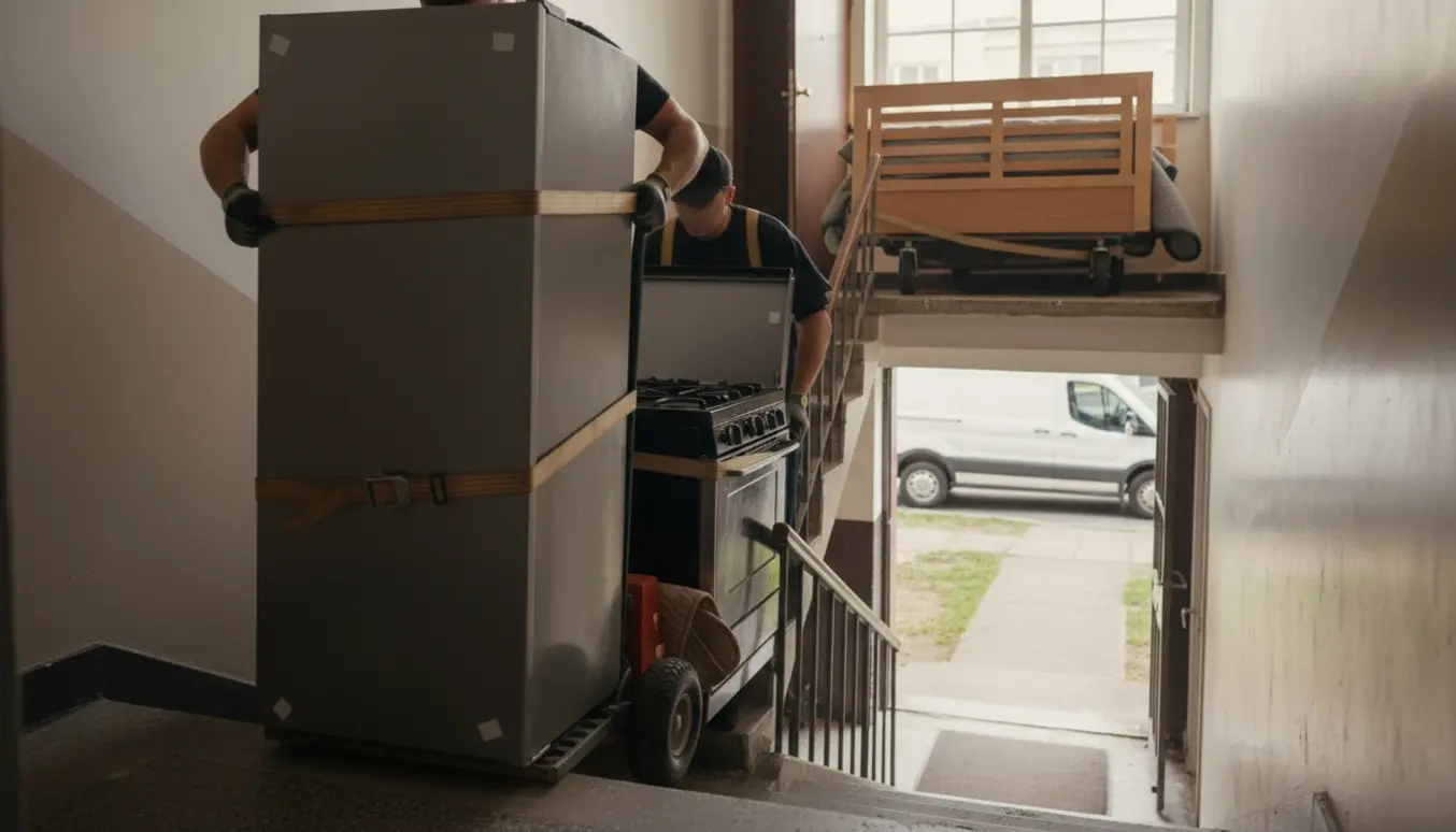To hjælpere manøvrerer et højt køleskab på en sækkevogn ned ad en trappe, med en varevogn synlig udenfor.