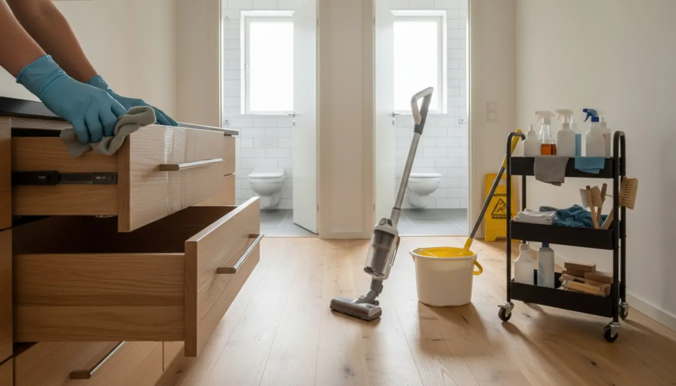 Gloved hånd tør en åben køkkenskuffe i et solbelyst tomt hus, med støvsuger, moppe og to rene toiletter i baggrunden.