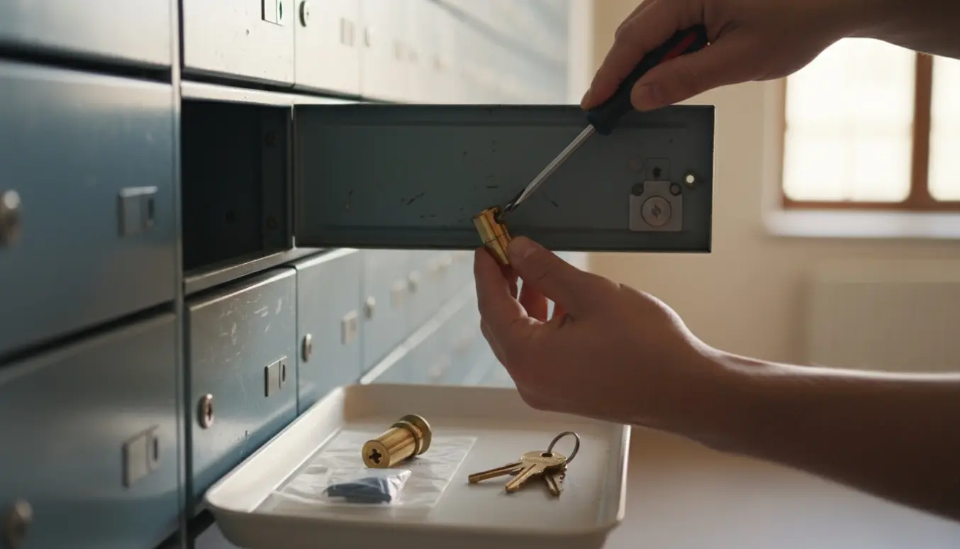 Nærbillede af hænder, der udskifter en lås i en indendørs postkasse med skruetrækker og nye nøgler.