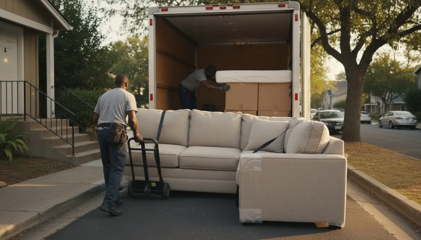To flyttemænd løfter en indpakket hjørnesofa ind i en åben flyttevogn med flyttetæpper, dolly og papkasser.