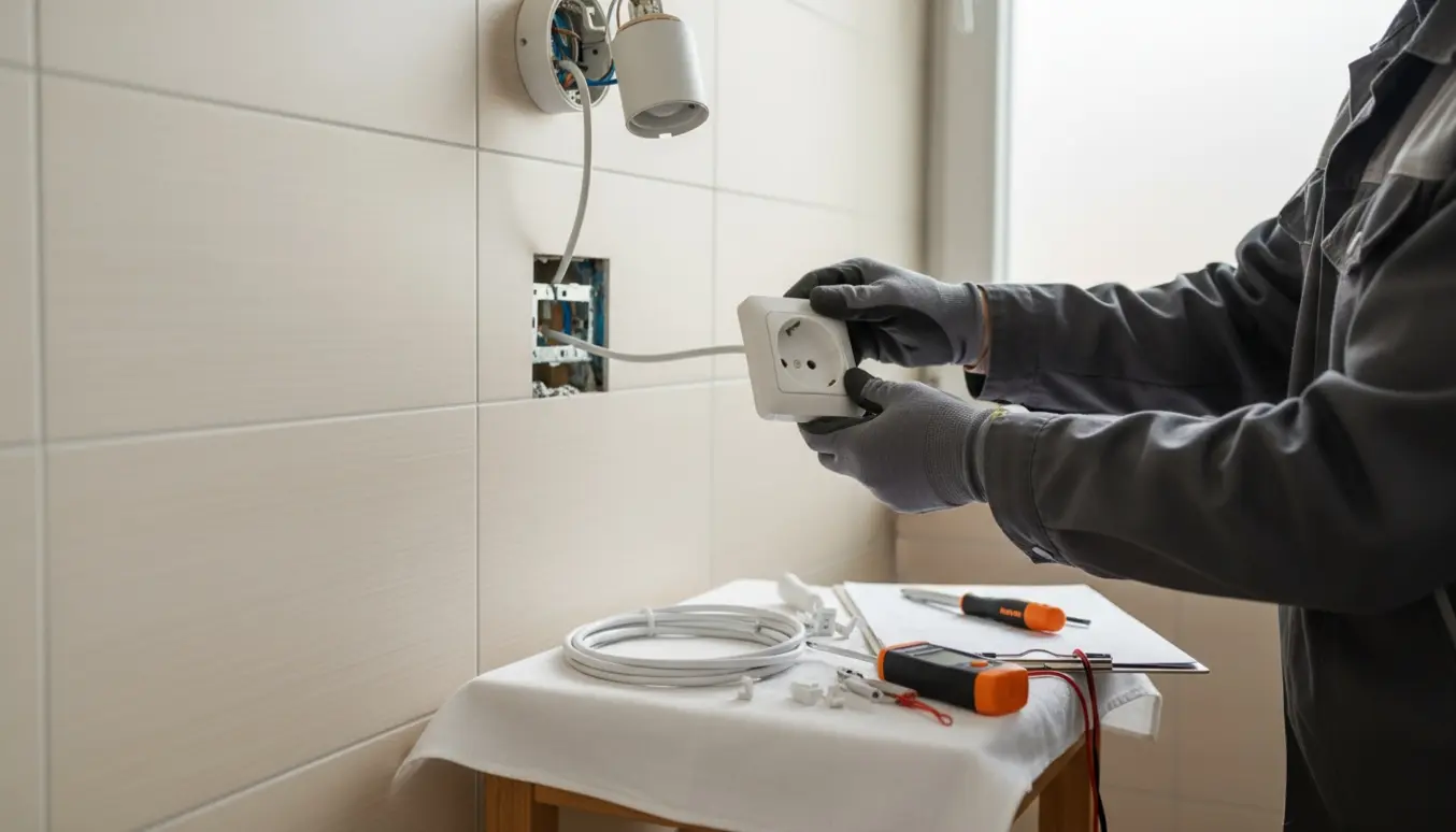 En autoriseret elinstallatørs hænder installerer en stikkontakt fra en væglampe i et lyst badeværelse.