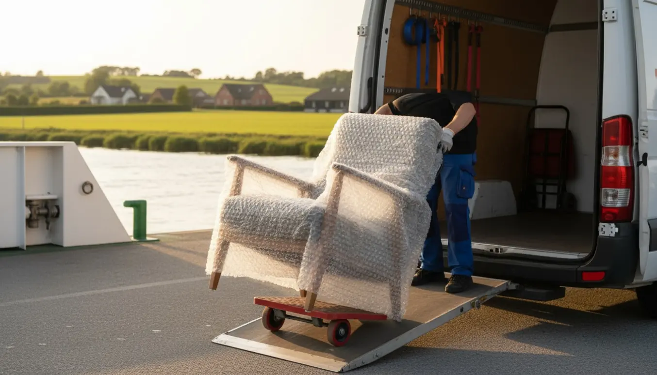 En pakket lænestol bliver forsigtigt lastet i en flyttevogn ved en færgehavn i dansk landskab.