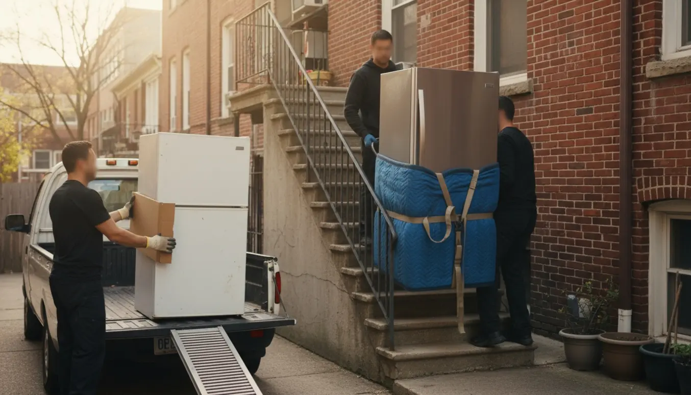 Flyttemænd bærer et nyt køleskab op ad en udendørs betontrappe, mens et gammelt køleskab læsses til afhentning.