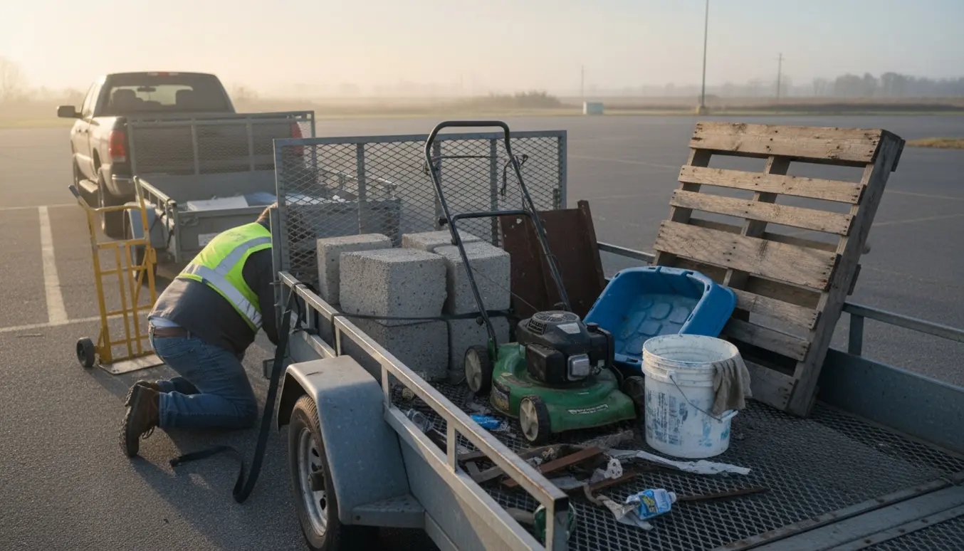 Trailer med blandet affald på parkeringsplads klar til afhentning med betonklodser, palle, græsslåmaskine og malerspand.