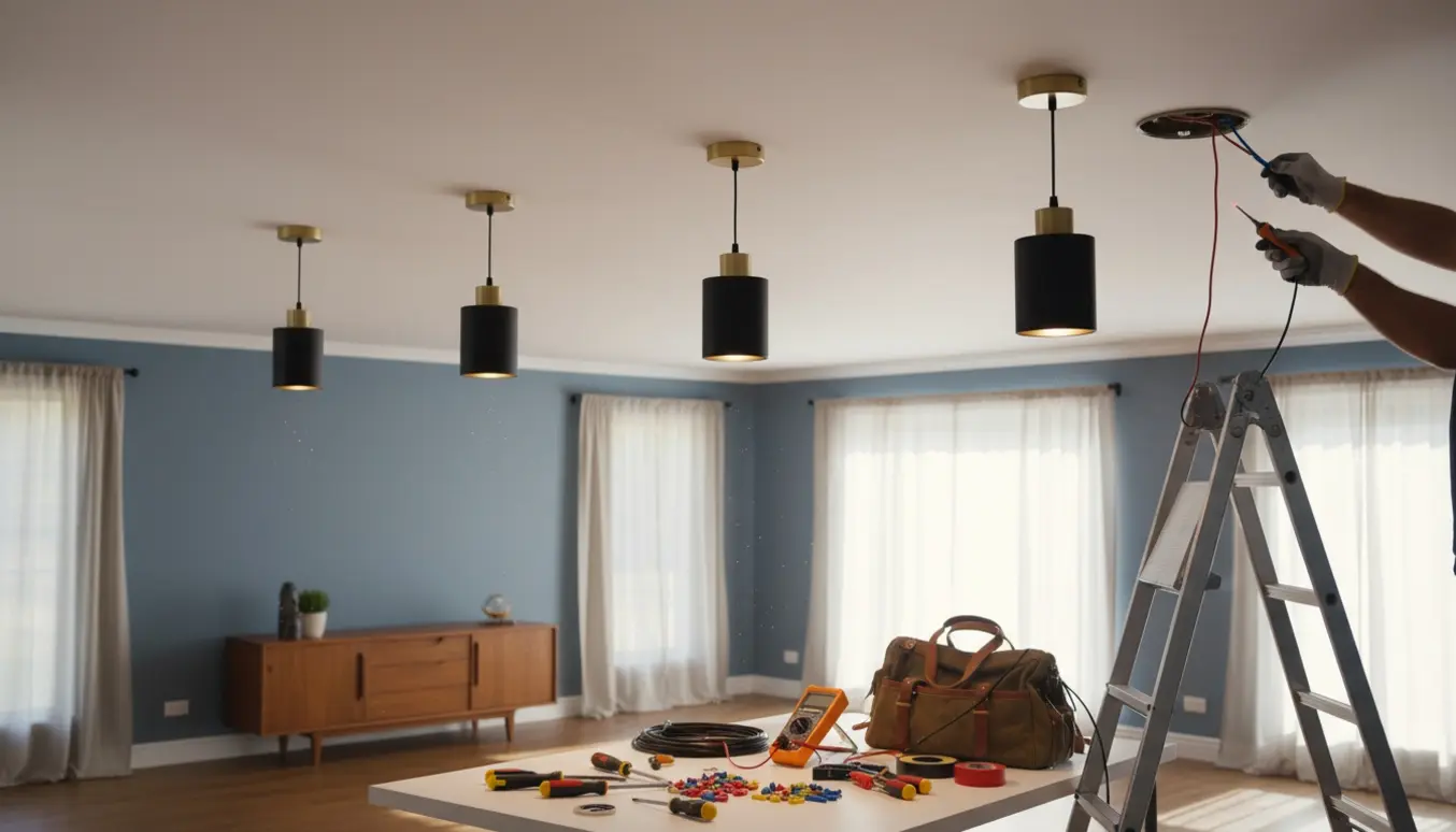Håndværker monterer fem loftlamper i et lyst stueinteriør med stige og elværktøj.