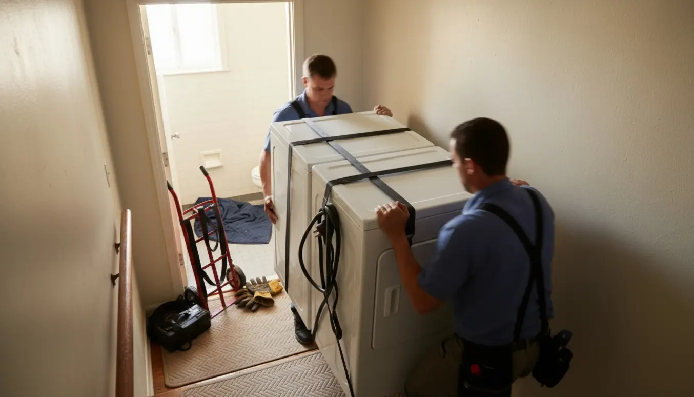 To personer bærer en vaskemaskine og tørretumbler ned ad en smal trappe fra første sal, ansigter er skjulte.