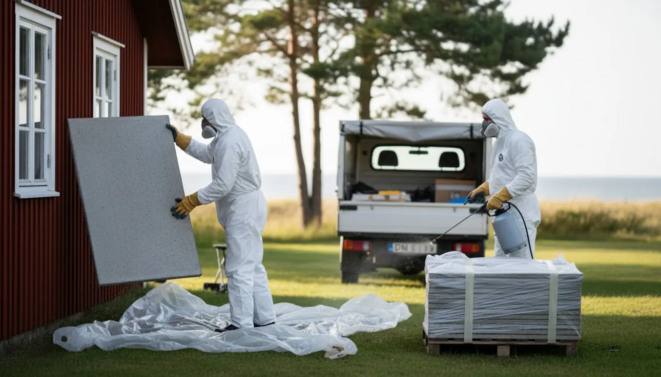 To personer i beskyttelsesdragter fjerner og indpakker intakte eternitplader fra et rødt sommerhus i Nordsjælland.