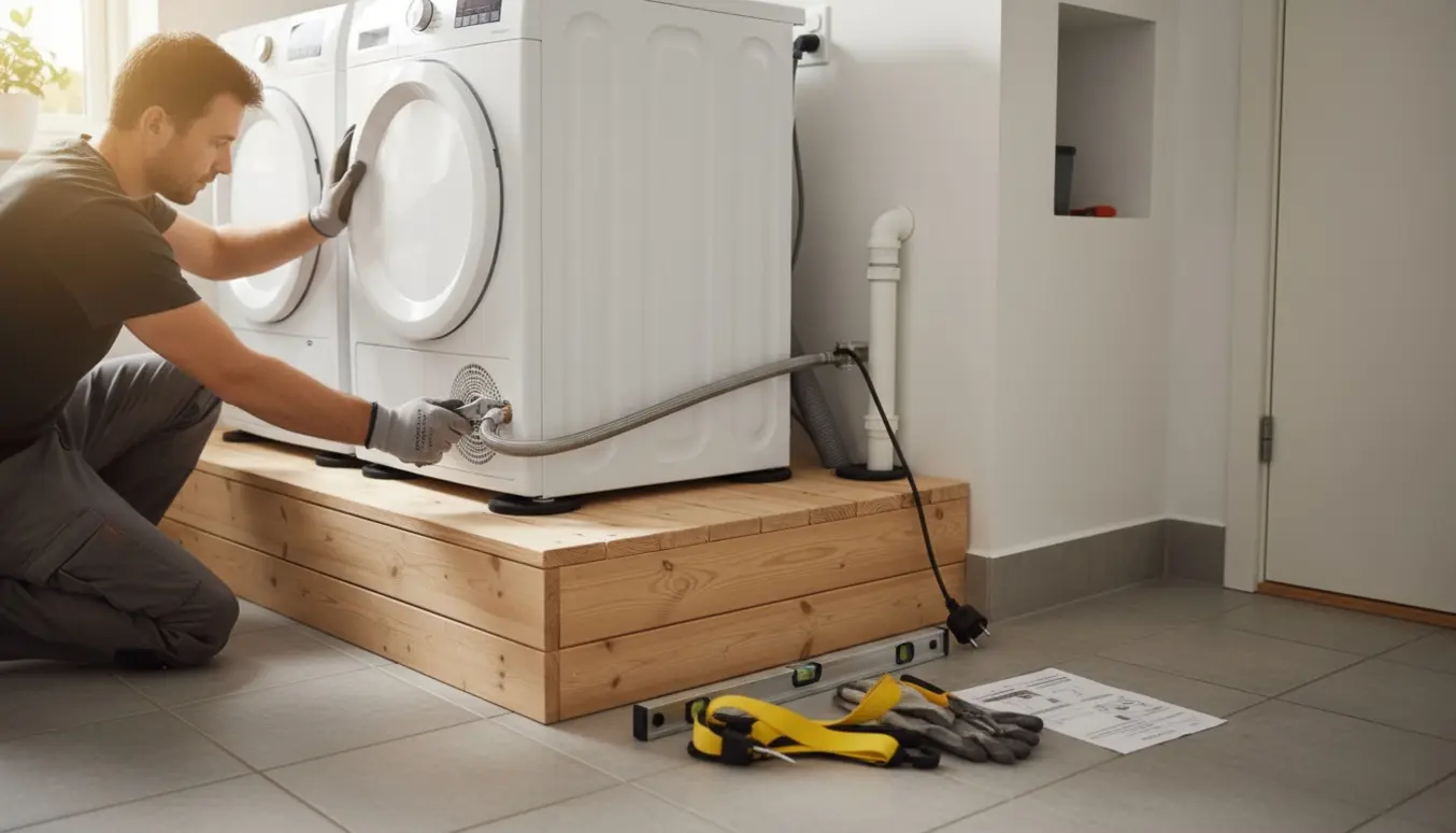 Vaskemaskine og tørretumbler løftes på en ca. 25 cm forhøjning i bryggerset med synlige vand- og eltilslutninger.