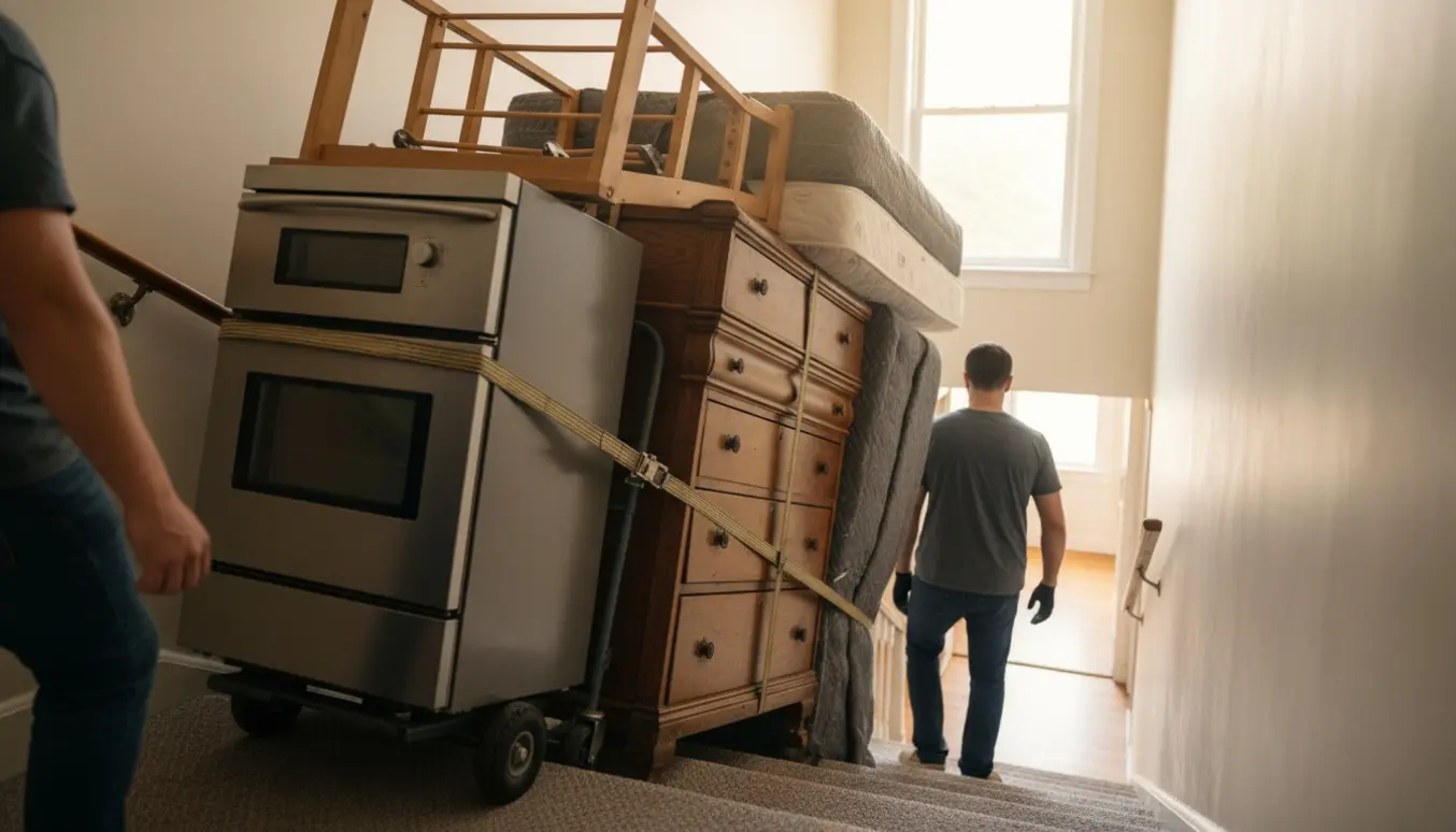Flytning af seng, kommoder og hvidevarer op ad en smal trappe mod tredje sal.