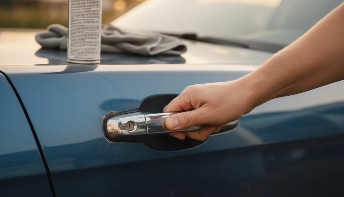 En hånd trækker i en fastsiddende højre bildørshåndtag, med en ubrandet smørespray og klud på bilens kofanger.