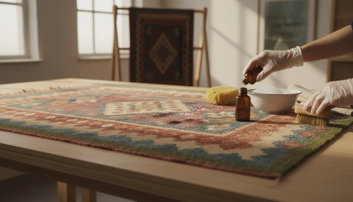 Solbelyst værksted hvor hænder rensser et uldtæppe og behandler mørke pletter med blød børste.