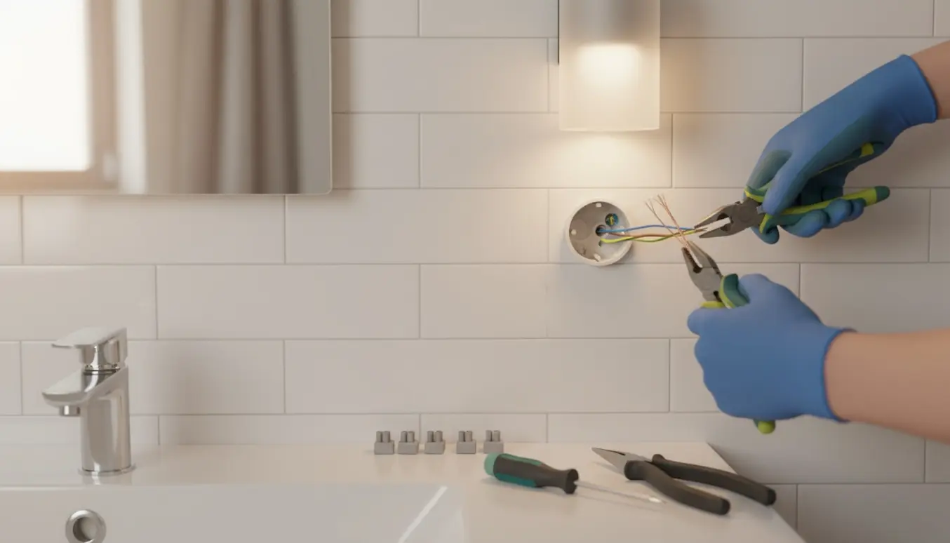 Elektriker arbejder med jordet ledning og monterer ny lampe på fliset badeværelsesvæg.