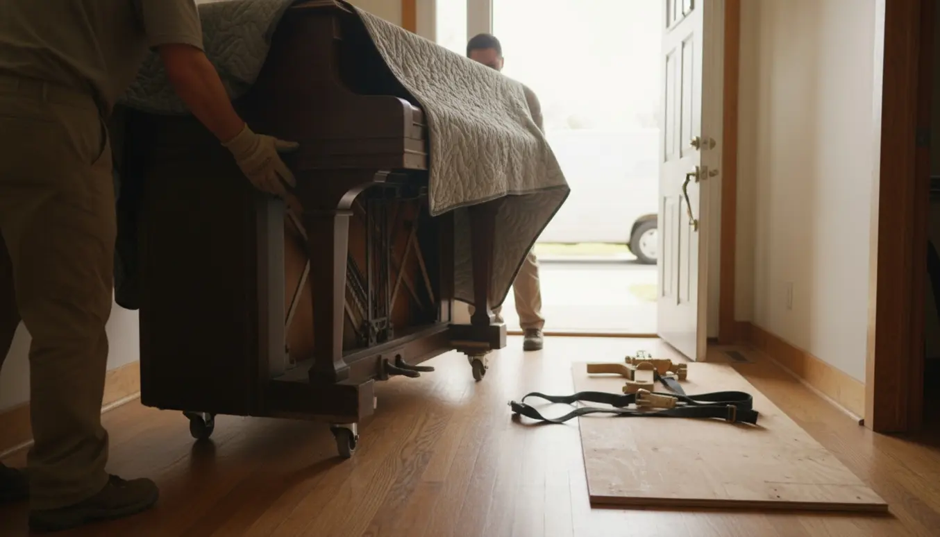 Et tungt opretstående klaver bliver flyttet gennem en entre mod indkørslen, dækket af flyttetæpper og sikret med stropper.