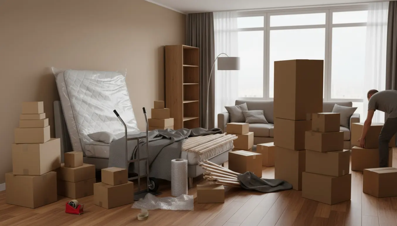 Stue midt i flytning med mange flyttekasser og en pakket dobbeltseng.