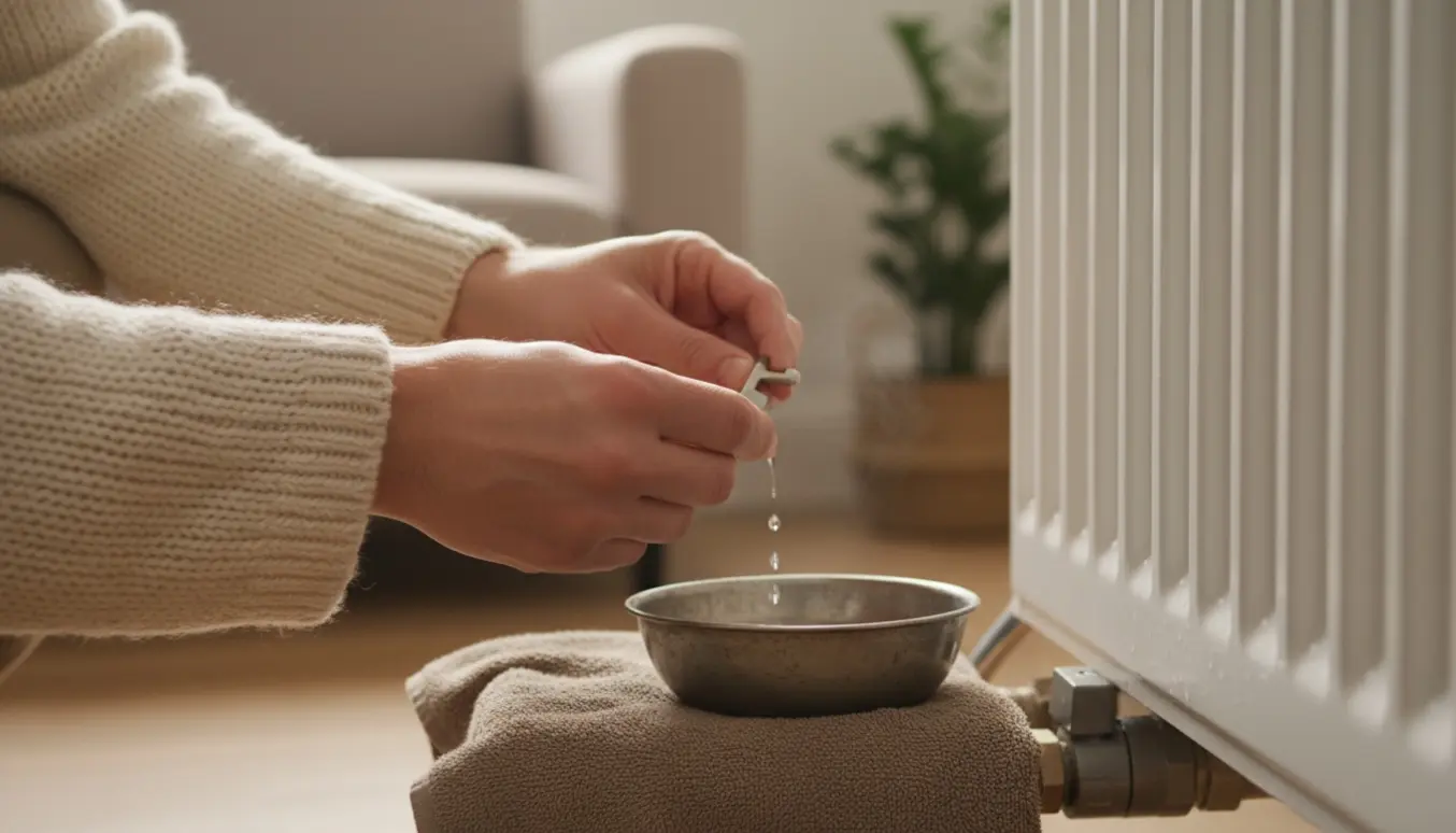 Nærbillede af hænder, der lufter en radiator med en nøgle, mens vand fanges i en skål på et håndklæde.
