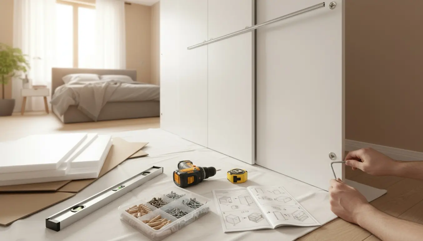 Delvist samlet stort hvidt klædeskab i et lyst værelse med værktøj og hænder i arbejde, ingen ansigter synlige.