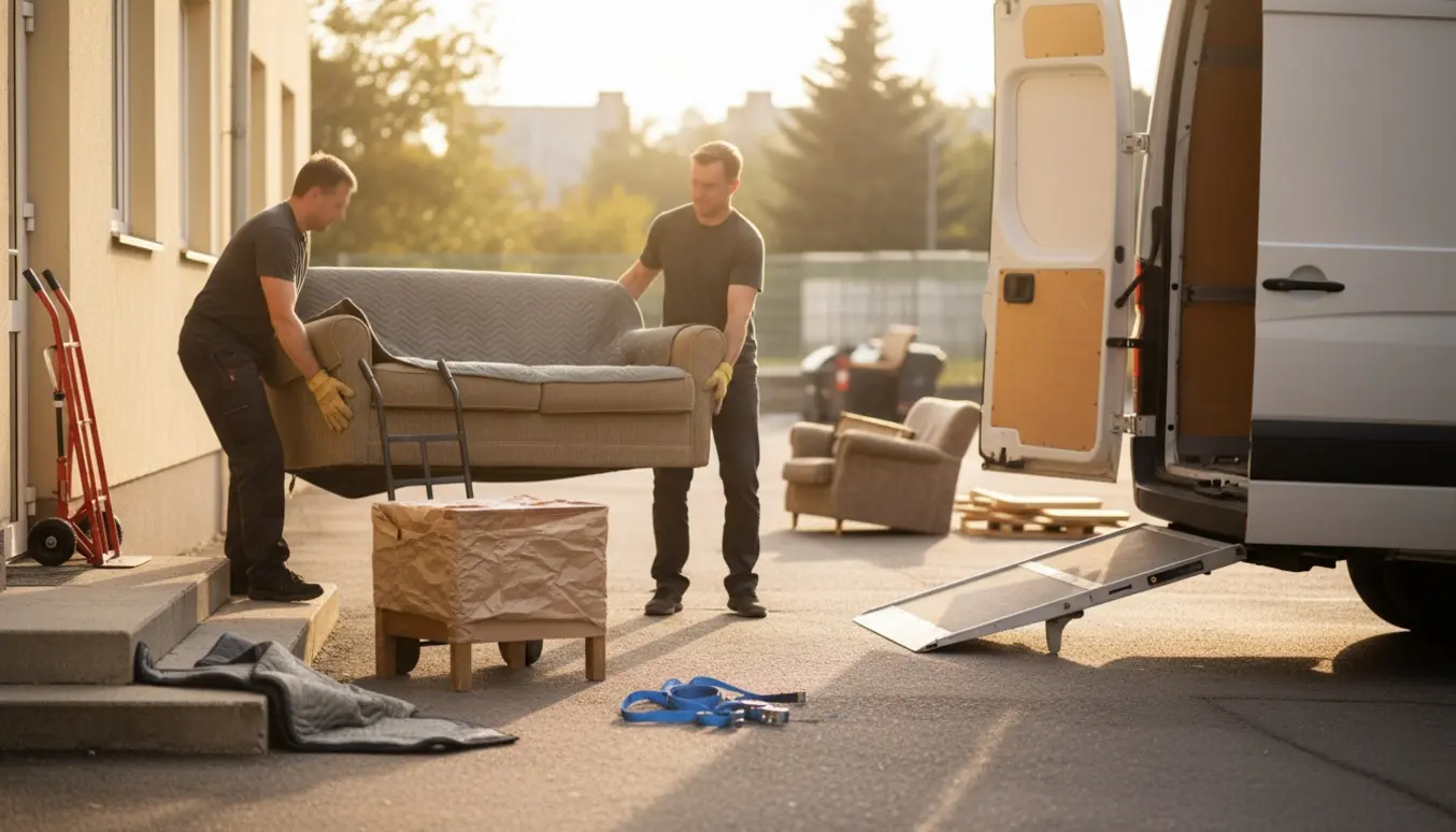 To personer bærer en sofa og et sofabord ud mod en åben flyttevogn ved et storskraldsområde.