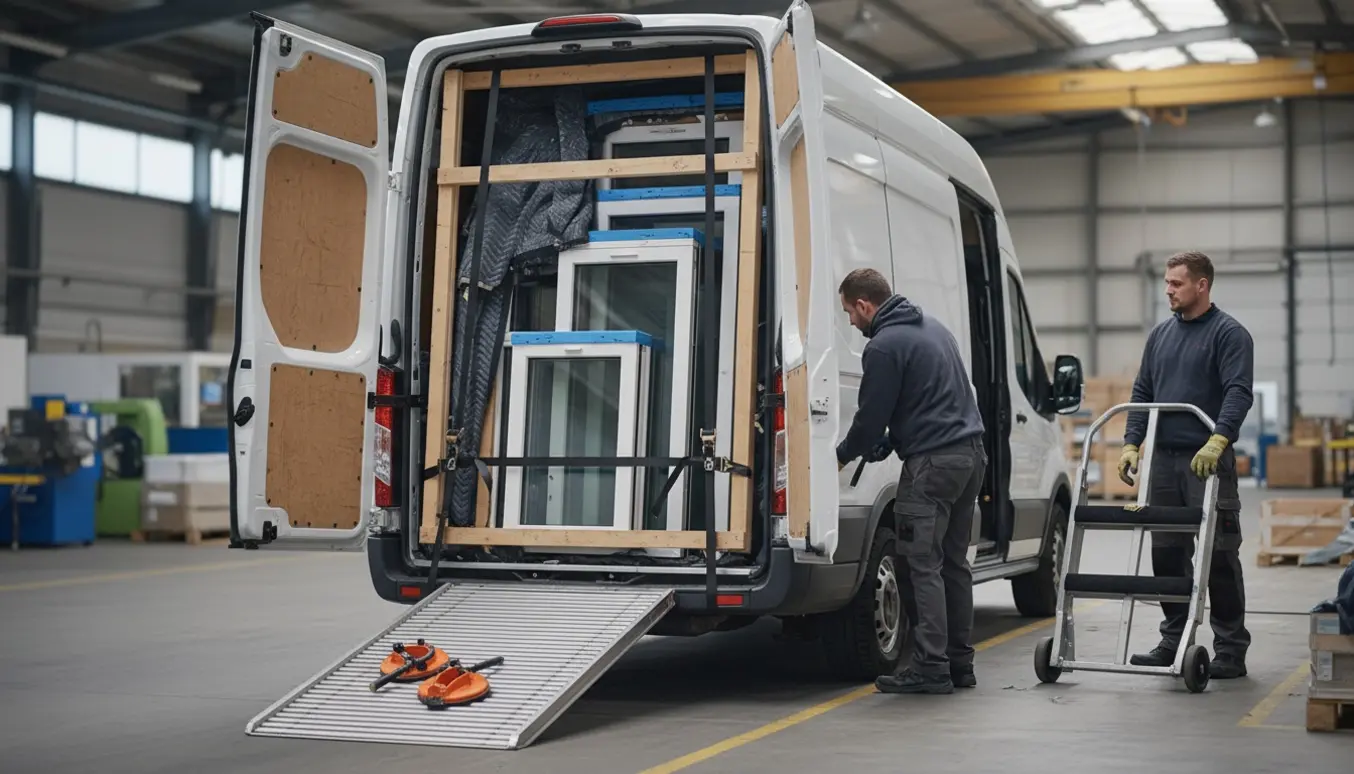 Åben varevogn ved læsserampe med indpakkede termovinduer og døre sikret på en træramme.