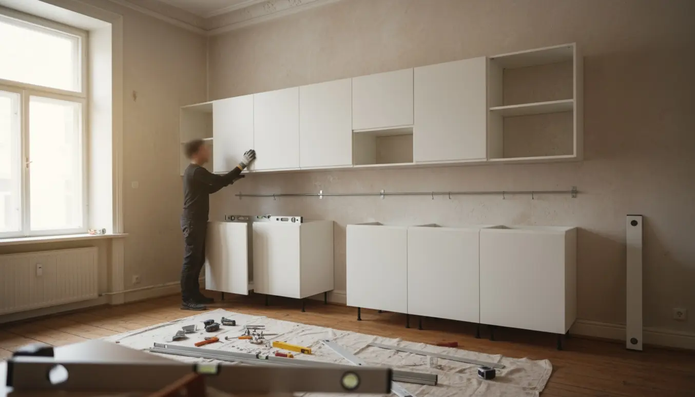 To personer monterer hvide overskabe på en monteringsskin i et ældre køkken med naturligt lys.