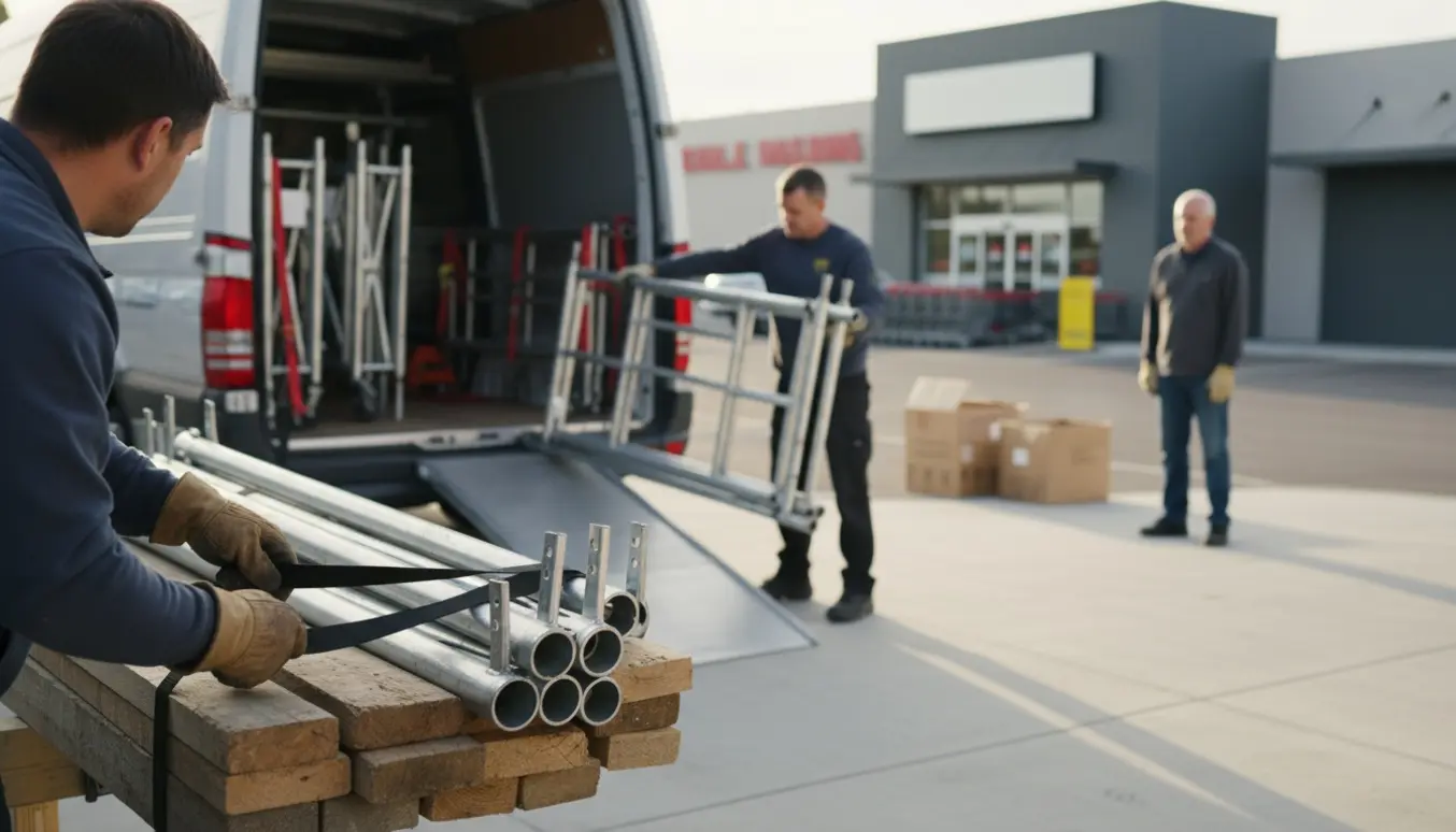 To personer laster et galvaniseret stillads på en åben varevogn foran et hus, med handsker og remme i fokus.
