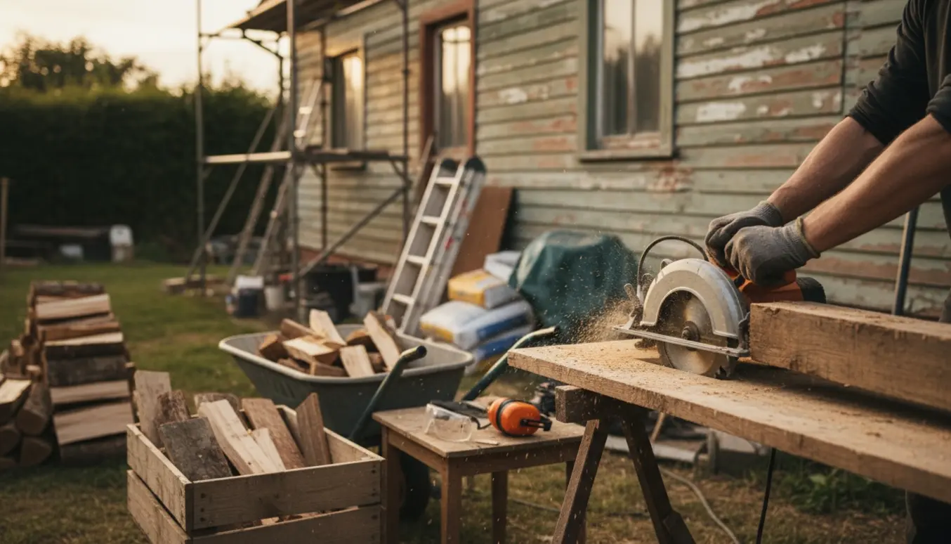 Hænder i handsker saver genbrugstræ til små brændestykker ved et husrenoveringsprojekt.