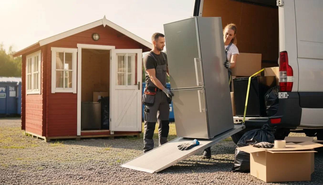 To personer læsser et stort og et lille køleskab samt flyttekasser og poser ind i en varevogn ved et sommerhus.