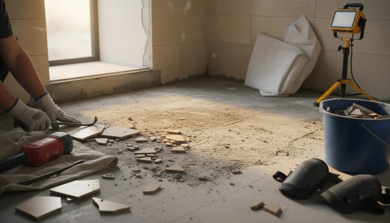 Opbrydning af badeværelsesgulv med fliseskår og værktøj i et lyst, mellemstort badeværelse.