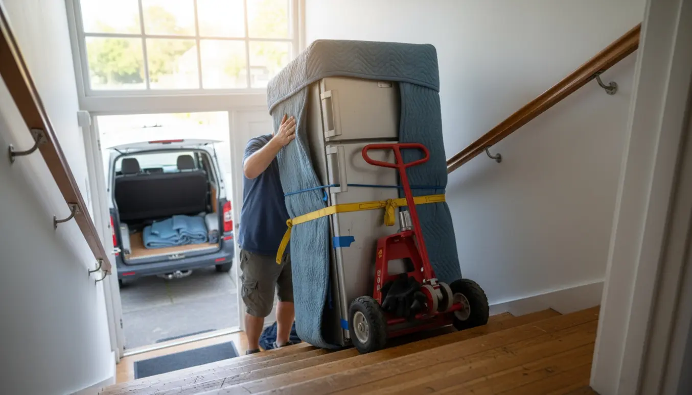 To personer trækker et cirka 180 cm højt køle/fryseskab ned ad en lejlighedstrappe på en tralle, uden synlige ansigter.