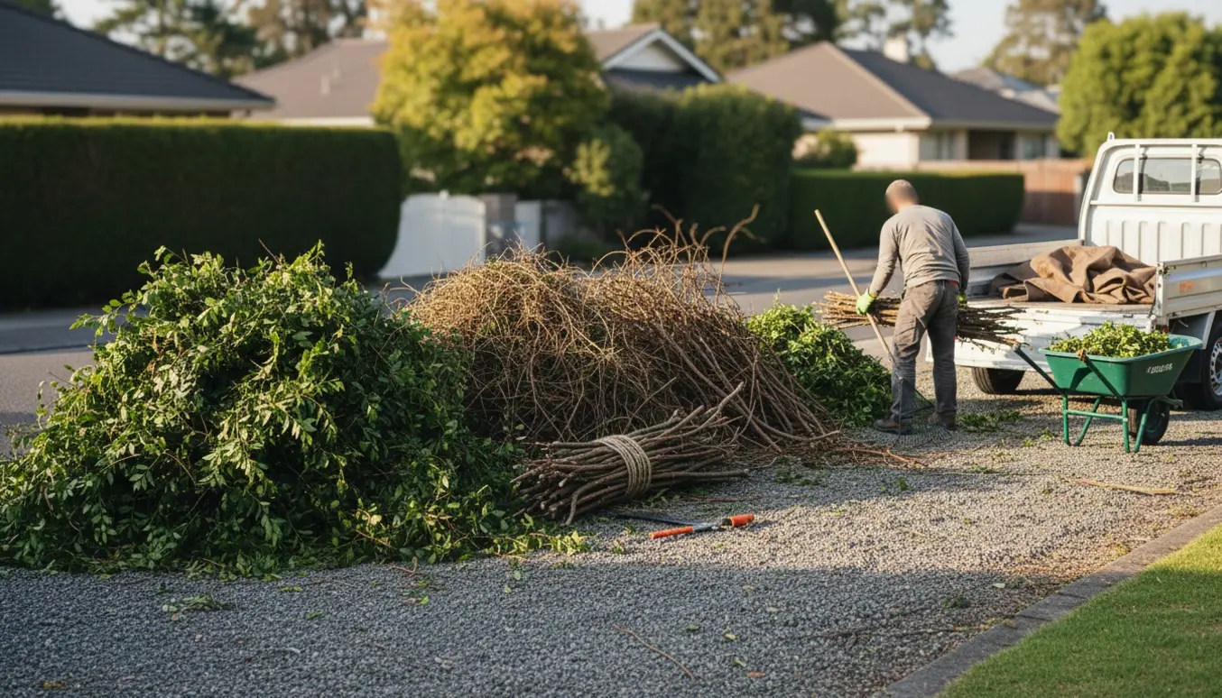Tre store bunker med hækafklip ved en åben trailer på en villavej, klar til afhentning.