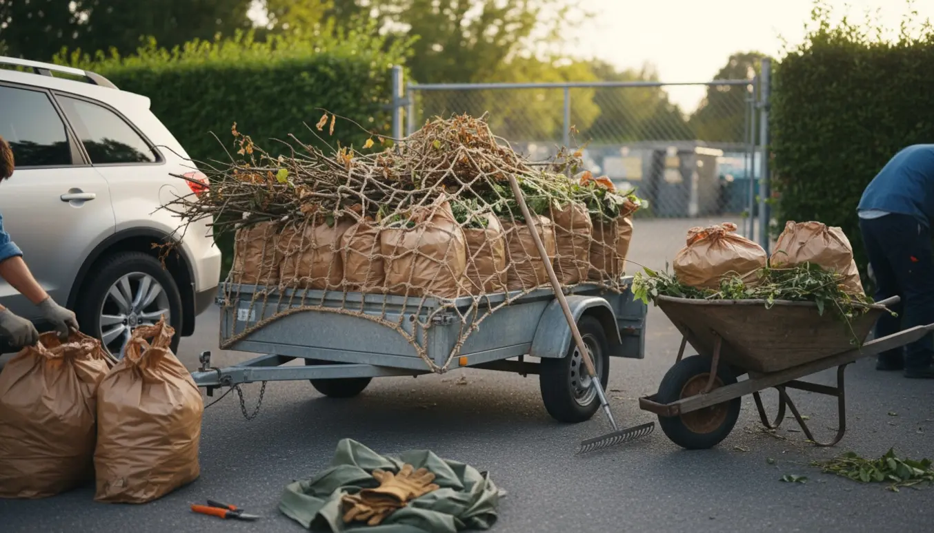 Trailer og trillebør fyldt med haveaffaldssække og redskaber i indkørsel klar til aflevering.