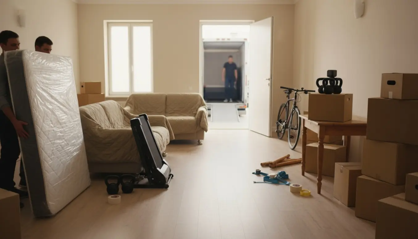 Flyttescene i lys stuelejlighed med pakket seng, sofaer, cykler og kasser.