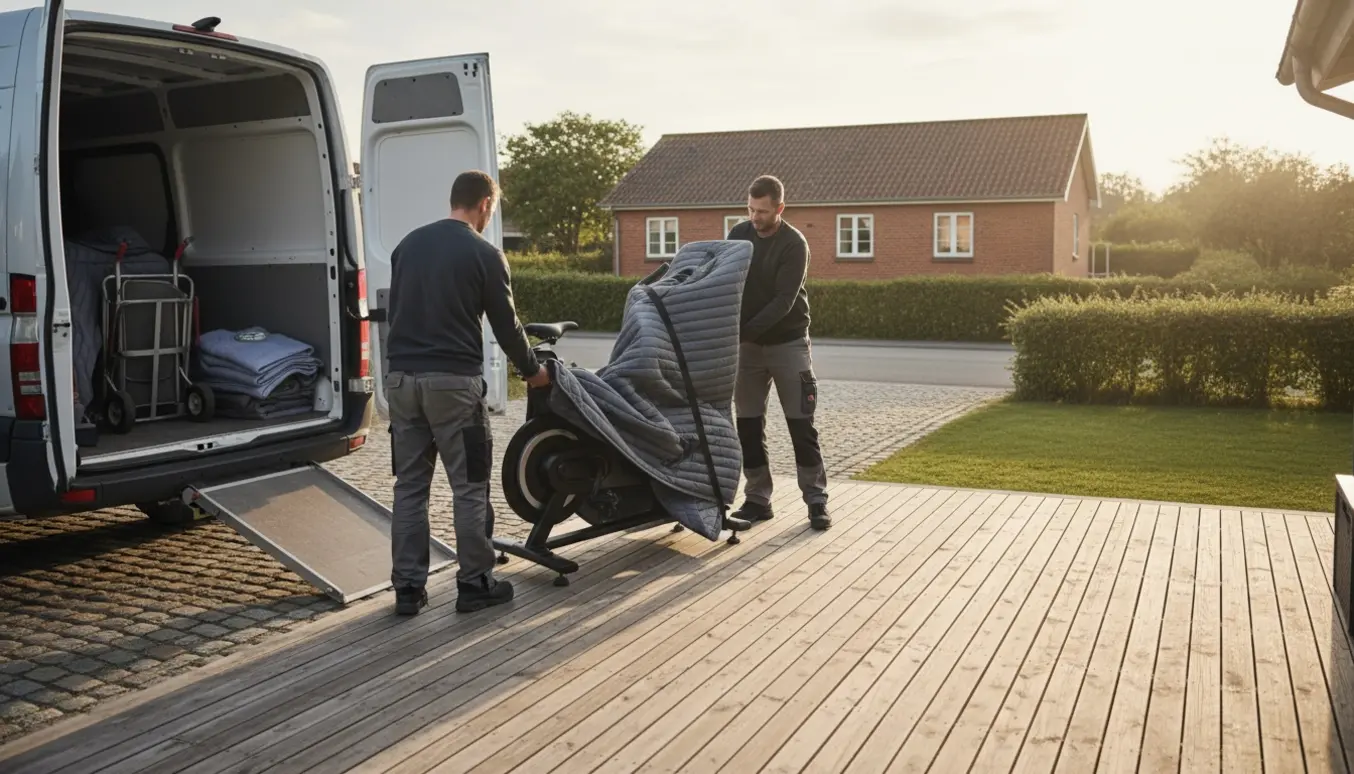 To flyttemænd bærer en indpakket træningscykel fra en varevogn og sætter den på en solvarm træterrasse ved et sommerhus.