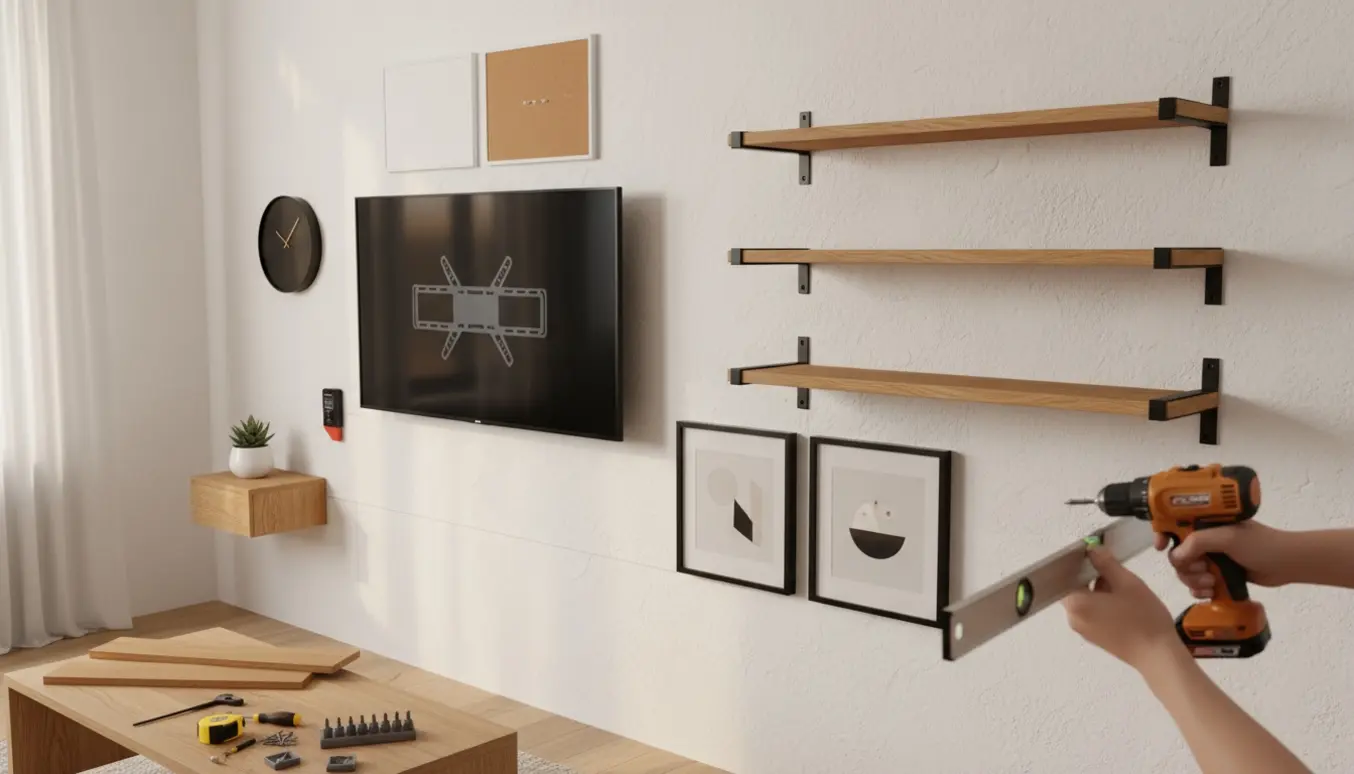 Halvt opsat tv og hylder på en lys væg med trævanger, billeder, vægur, to opslagstavler og værktøj i forgrunden.