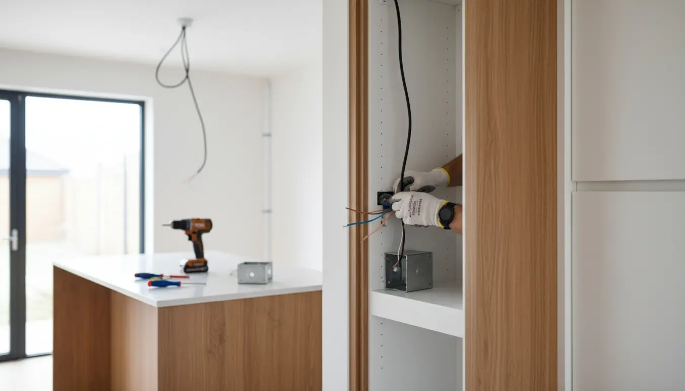 Glædelige hænder flytter et elstik ind bag et højt køkkenskab til et integreret køleskab, mens en loftledning skjules pænt.
