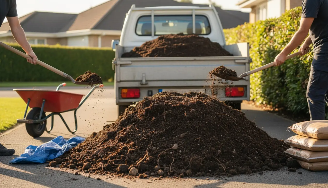 En stor bunke jord bliver skovlet op i en åben trailer på indkørslen foran et hus.
