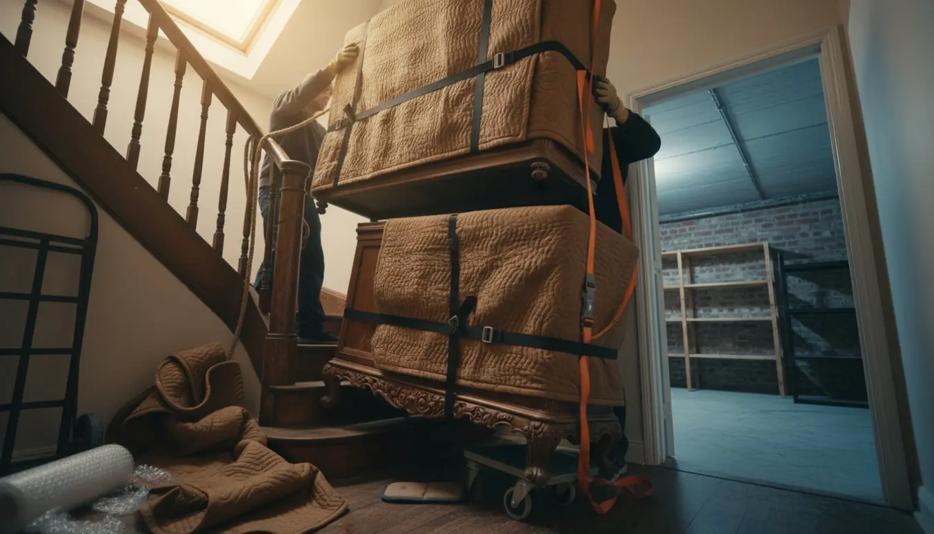 Antikt skab i to sektioner pakket ind og sænkes forsigtigt ned ad en gammel trappe mod kælderen.