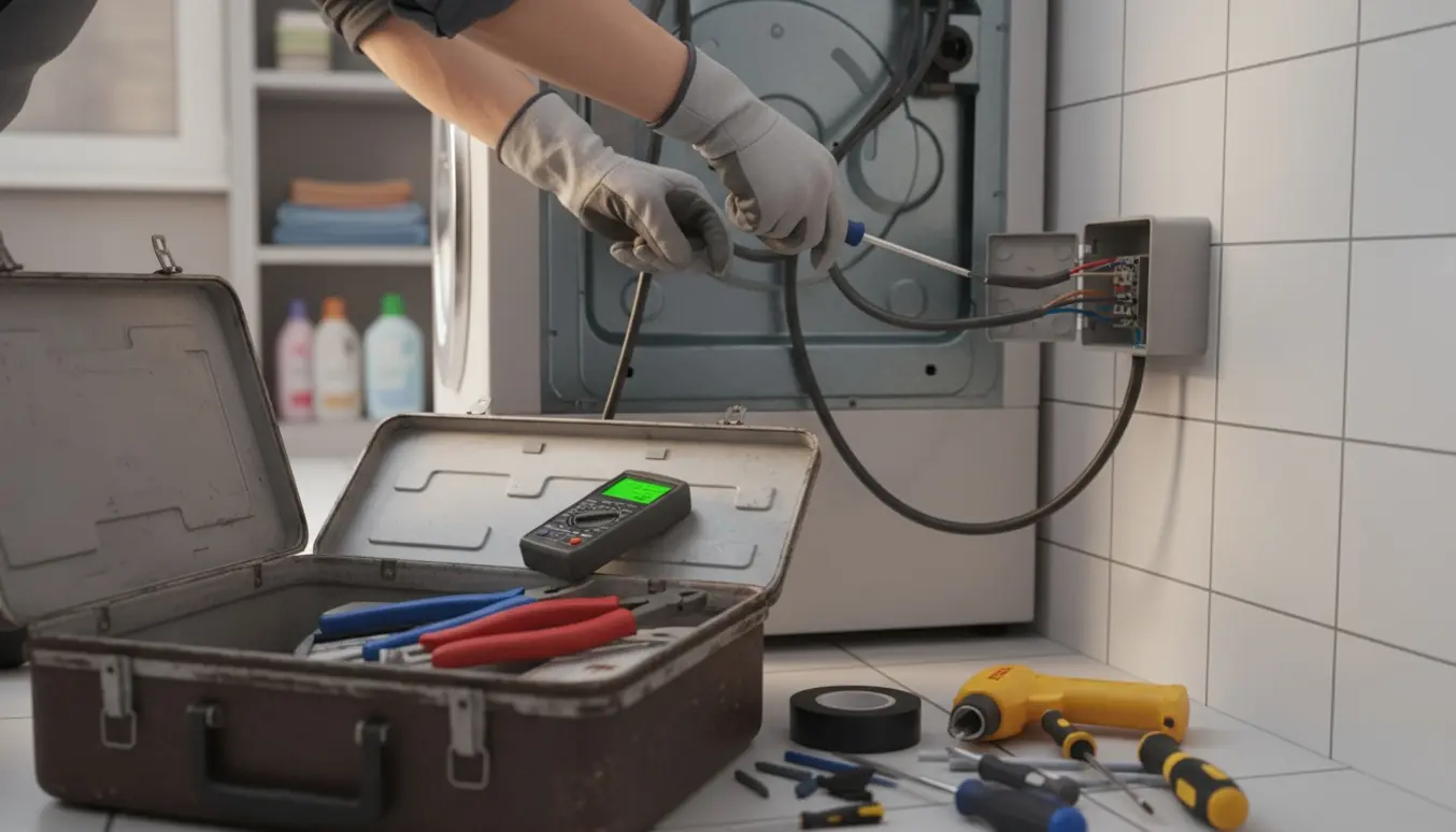 Elektrikerhænder isolerer og monterer vaskemaskinens strømledning i en åben installationsdåse i et lyst vaskerum.