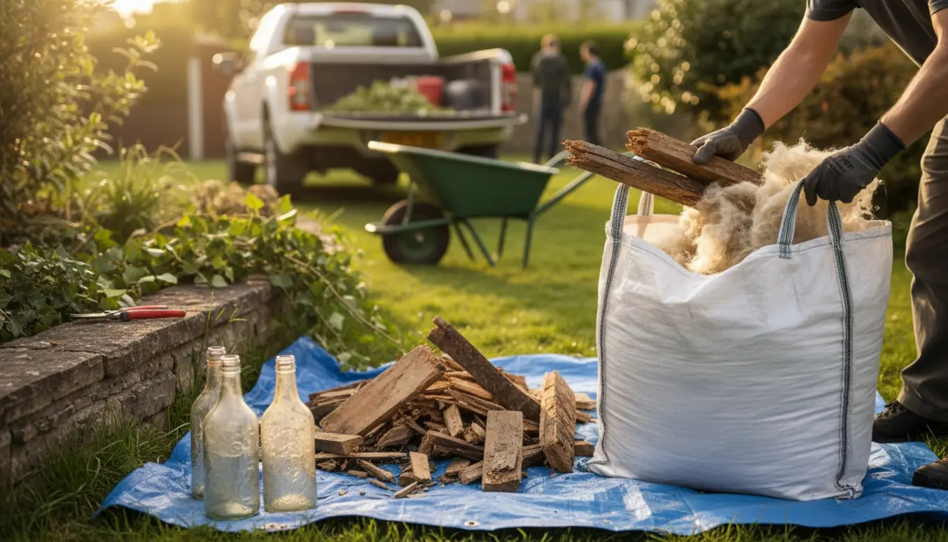 Hænder i arbejdshandsker samler en bunke haveaffald med træ, glasuld og afskårne vedbendgrene klar til bortkørsel.