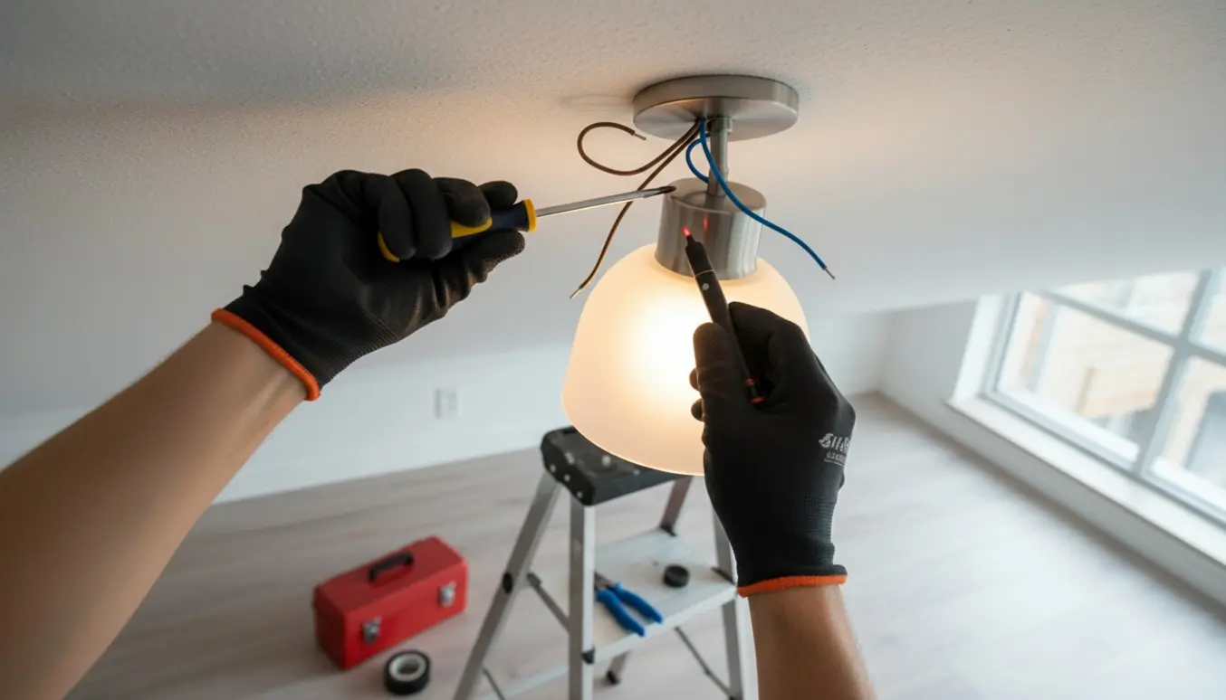 Hænder forbinder en tændt loftslampe med værktøj på en stige, mens en spændingstester indikerer strøm.
