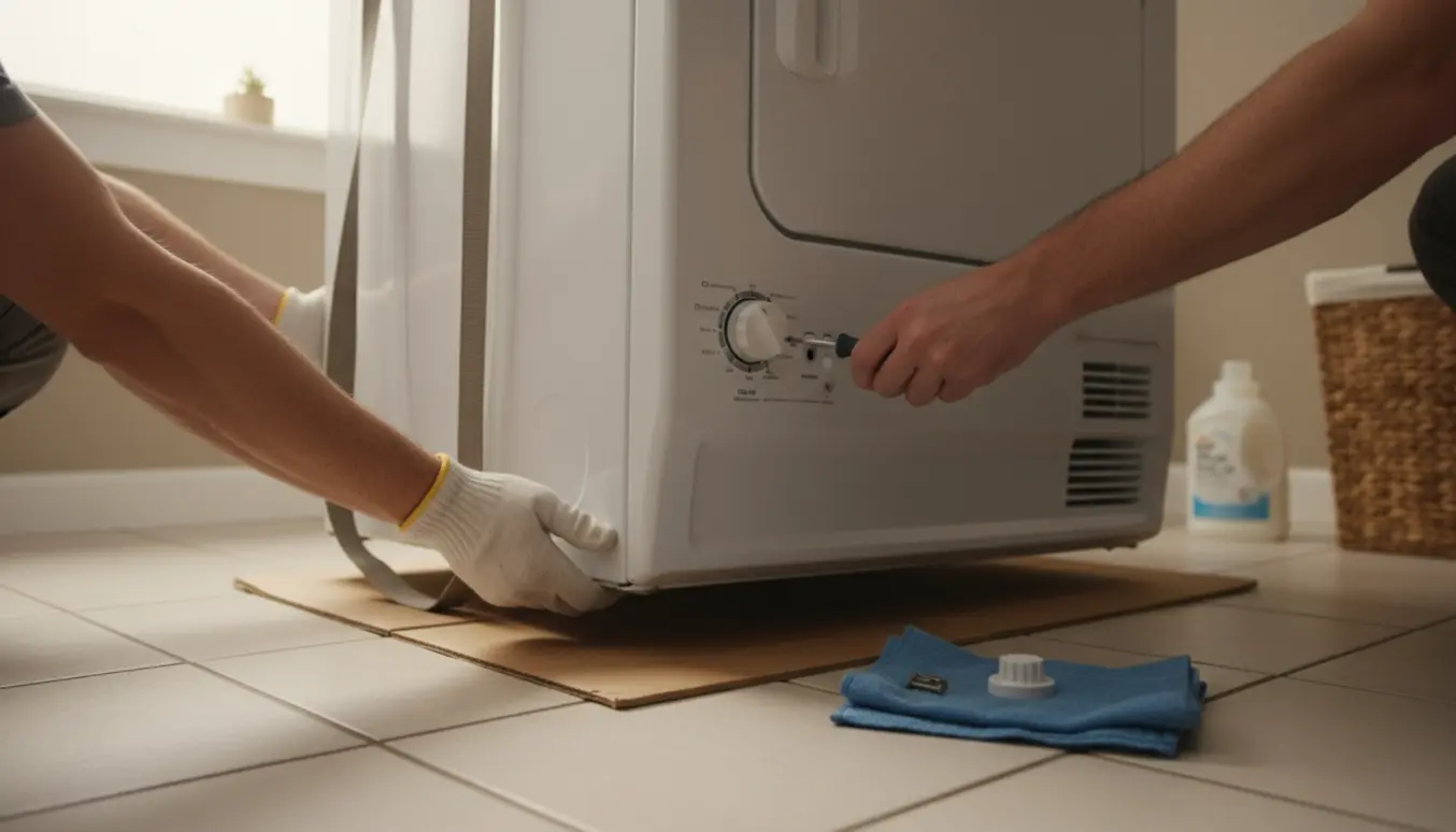 Hænder sænker en hvid tørretumbler fra en vaskesøjle og udskifter en drejeknap på fronten.