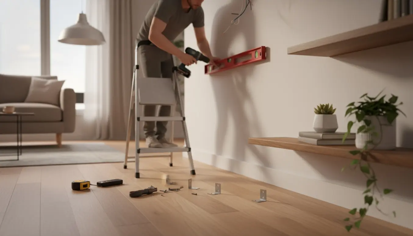 Hænder på en stige monterer en loftlampe og hænger flydende hylder op i et lyst, moderne rum.