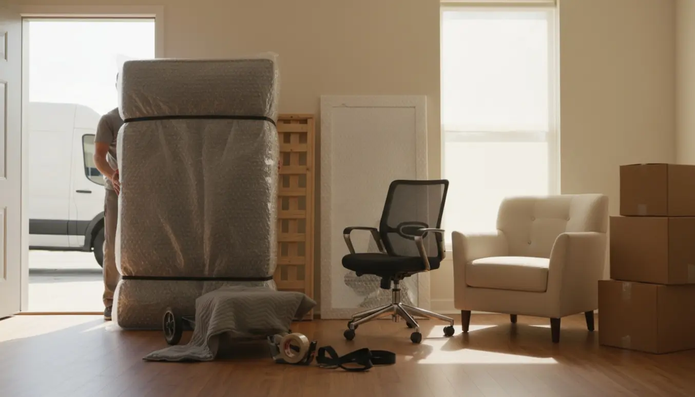 Flyttesituation i en lys entré med seng, kontorstol, lænestol, indpakket spejl og stabler af flyttekasser.