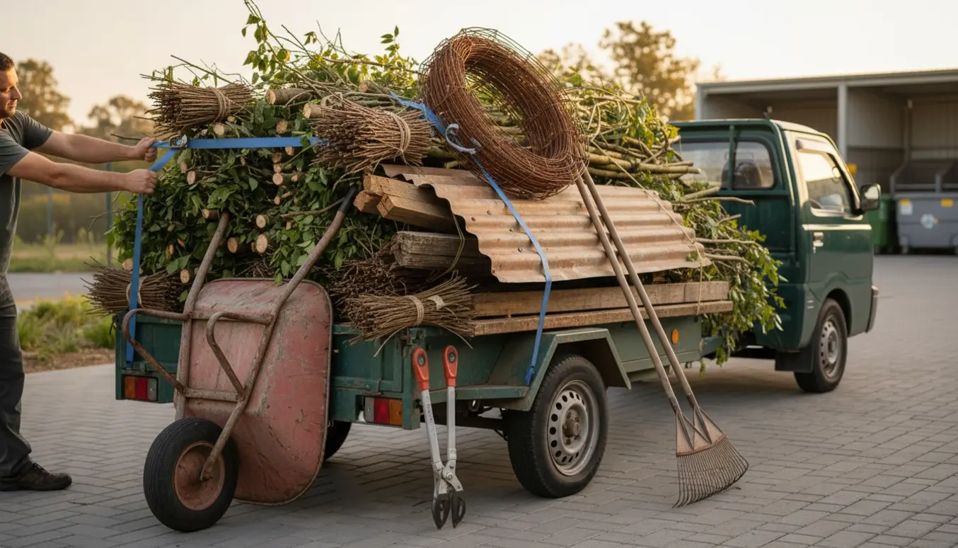 Trailer fyldt med haveafklip, rullet trådhegn og en gammel tagplade klar til aflevering på genbrugsplads.
