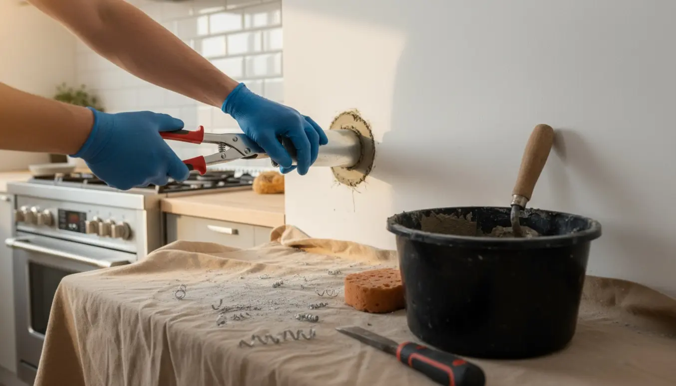 Hænder fjerner en kort udsugningsstump i et køkken, klar til at mure hullet til.